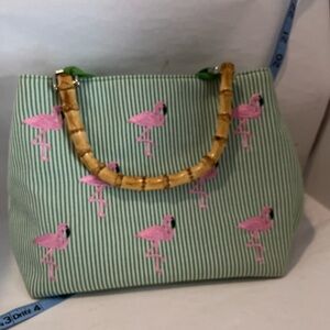 Braciano Green Striped Tote with Pink Flamingos